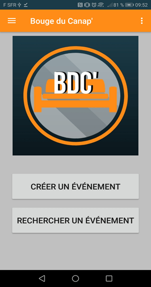 Ecran d'accueil de l'application Bouge Du Canap'