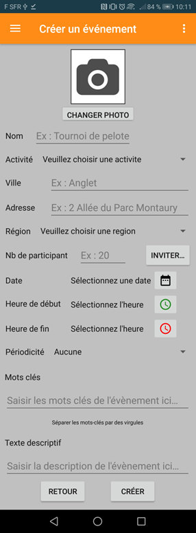 Rendu final de la fonctionnalité Créer un évènement