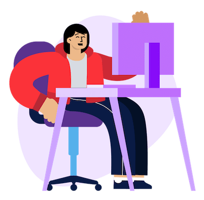 Illustration d'un personnage souriant qui travaille derriÚre un bureau avec un ordinateur posé dessus