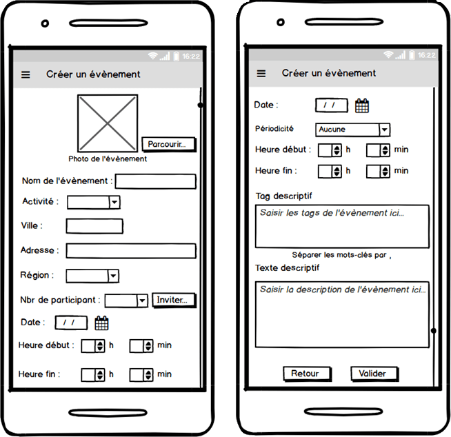 Maquette de la fonctionnalité Créer un évènement