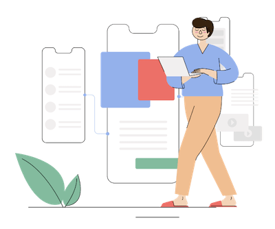 Illustration d'un personnage marchant avec un ordinateur dans les mains concevant une maquette d'interface d'application mobile